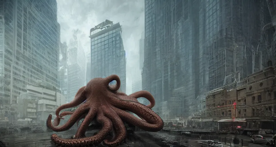 Prompt: giant pacific octopus in between high buildings, dramatic scene, beautiful atmosphere, by greg rutkowski and maciej rebisz, octane render, vray, arnold