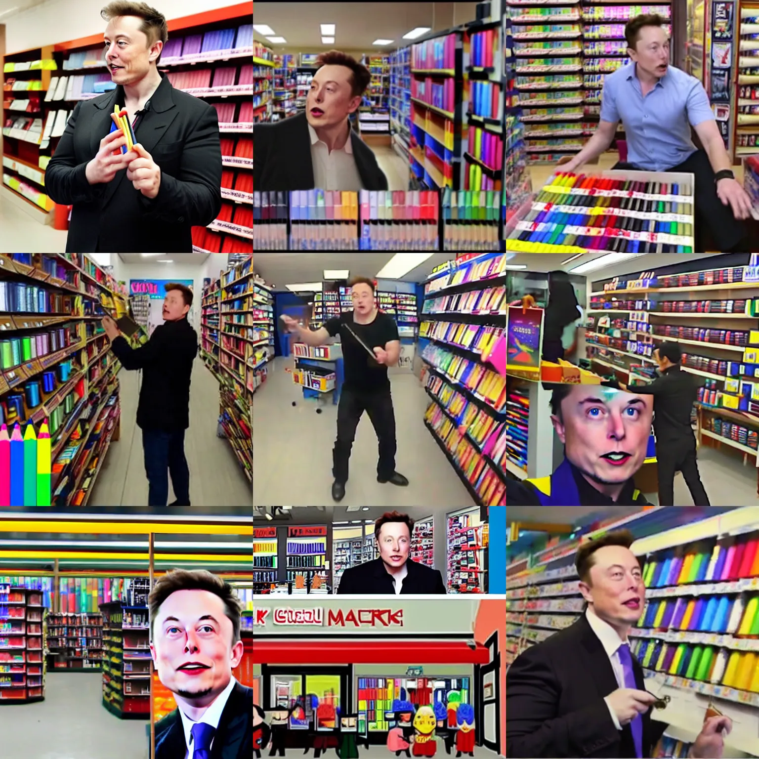 Image similar to cctv footage of elon musk stealing a crayon in Stationery store at indonesia