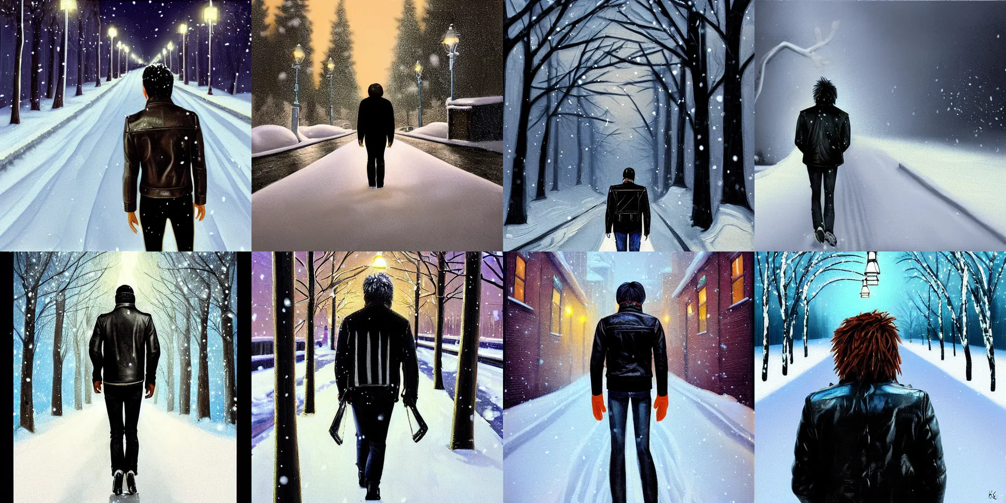 Prompt: beautiful snow - covered man from back in pacing to empty alley with street lamps in park with pines to the horizon, dressed in short leather jacket, snowfall at night, 1 9 8 0 s mullet haircut, black hairs, half - length portrait, perfect symmetrical eyes, cinematic by kezie demessance, painting, digital art, detailed, hyperrealism, igla movie shot