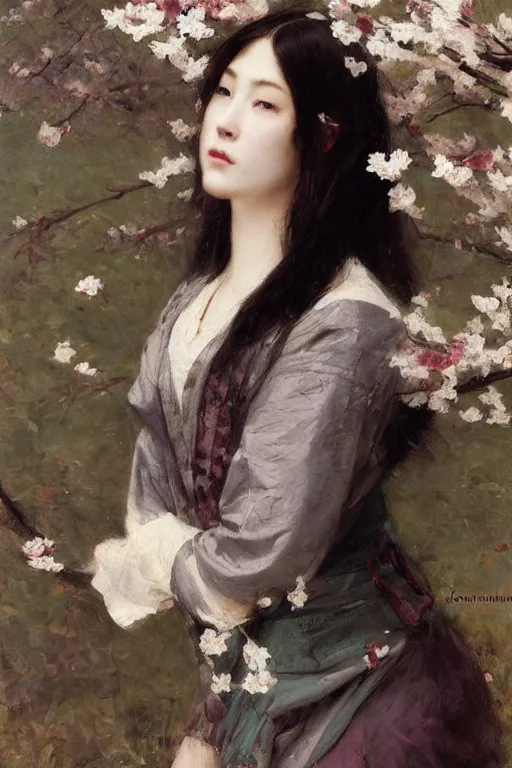 Prompt: Solomon Joseph Solomon and Richard Schmid and Jeremy Lipking victorian genre painting full length portrait painting of a young beautiful woman from japan with cherry blossoms and cherry trees