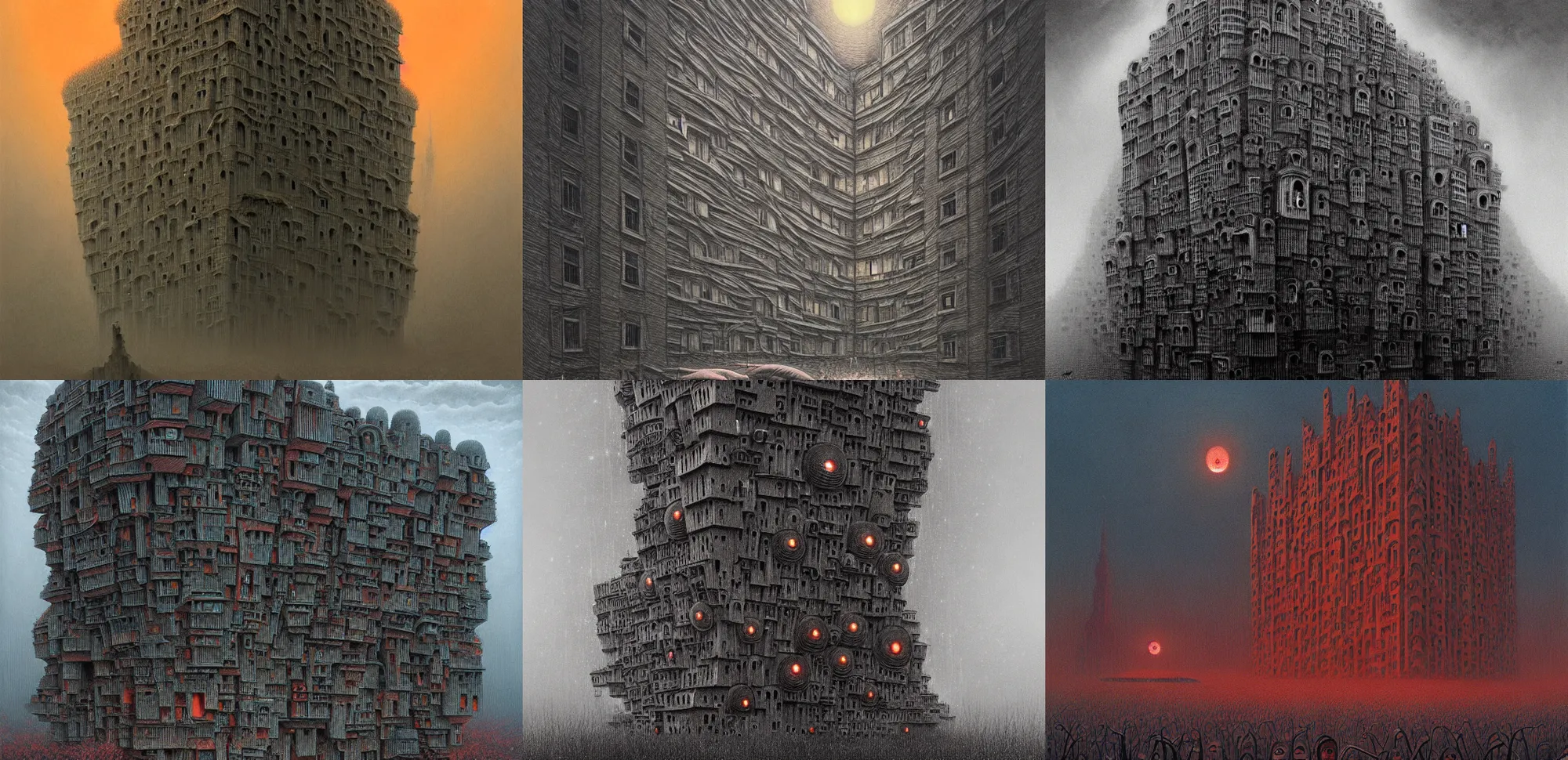 Prompt: detailed, sharp, a building covered by numerous giant eyes by Zdzislaw Beksinski, by Junji Ito, by Paul Lehr, digital art, illustration, trending on artstation, HD, 8K, highly detailed, good lighting, beautiful, epic, masterpiece