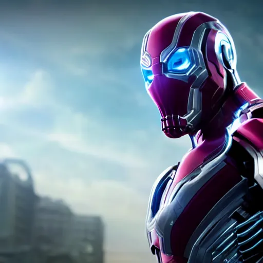 Image similar to still photo of marvel ultron on thanos, highly detailed, photorealistic portrait, bright studio setting, studio lighting, crisp quality and light reflections, unreal engine 5 quality render