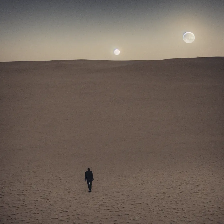 Image similar to a beautiful landscape of a powerful man wandering in a vast desert lit by the man in the moon