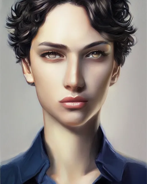 Image similar to portrait painting of an androgynous 2 2 year old with short dark curly hair and pale skin, artgerm, deviantart, artstation