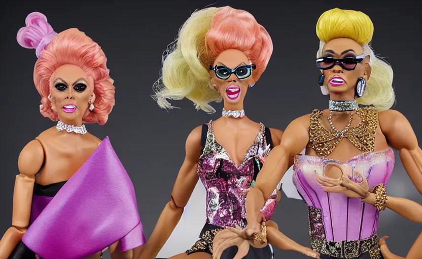 Prompt: realistic miniature rupaul's drag race drag queen figurines