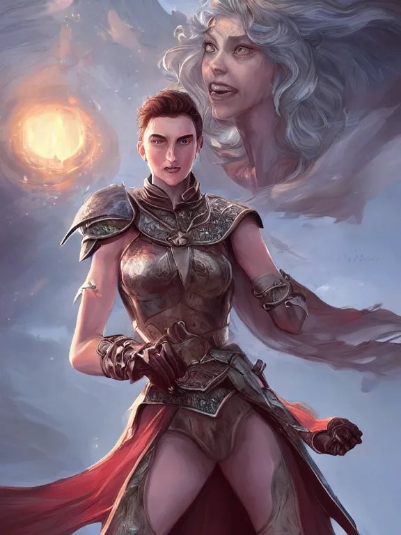 Image similar to a beautiful hyper realistic detailed epic concept art showing a noble knight women with her fist up and her spirit of the great raccoon gradian above her, by artgerm, charlie bowater, in the style of dragon age, featured on artstation