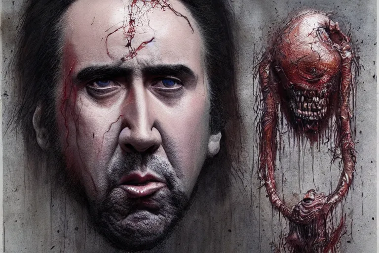 Image similar to Nicolas Cage face with body of rotten worm, dark fantasy, intricate, highly detailed, smooth, artstation, painted by Wayne Barlowe, Greg Rutkowski, zdislav beksinski, Francis Bacon