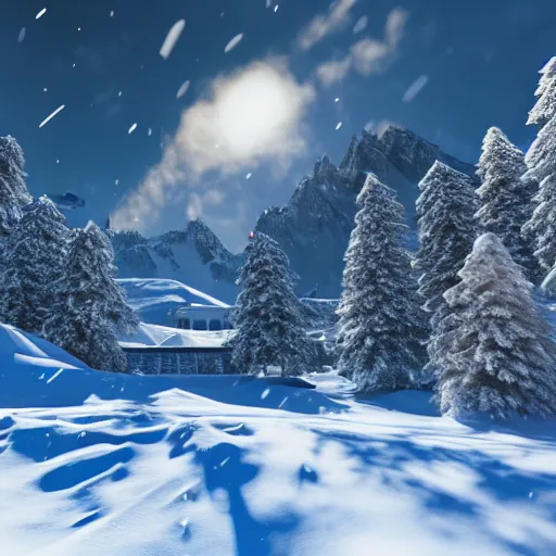Image similar to heavy snowfall mountain setting, highly detailed, photorealistic shot, bright studio setting, studio lighting, crisp quality and light reflections, unreal engine 5 quality render