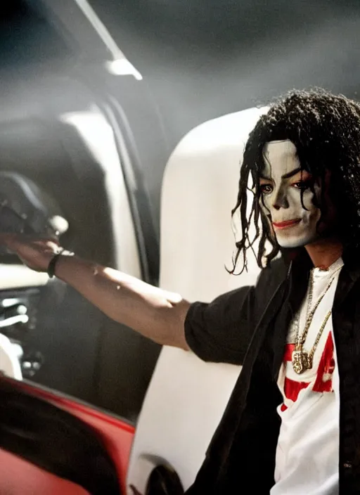 Prompt: film still of michael jackson as tupac in the movie straight outta compton, full-shot, 4k