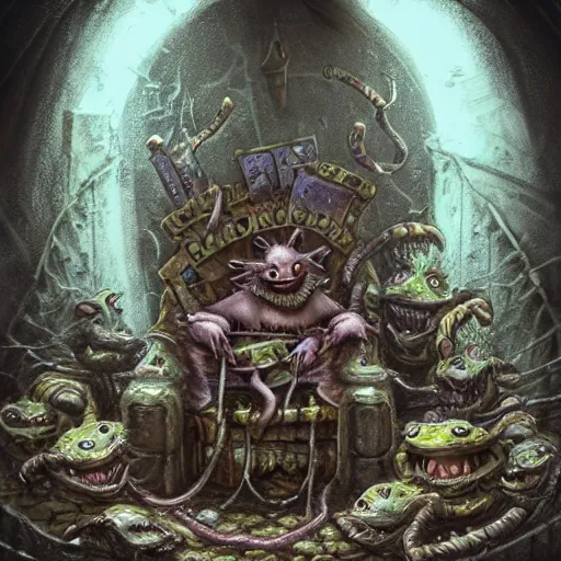 Image similar to murky sewer scene with an evil rat king sitting on a throne and grinning, surrounded by other rats. trending on artstation, fantasy illustration, rat people, extremely detailed