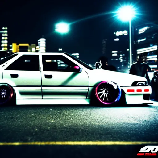 Image similar to a car JZX90 twin turbo drift at illegal car meet, Shibuya prefecture, city midnight mist lights, cinematic lighting, photorealistic, highly detailed wheels, high detail