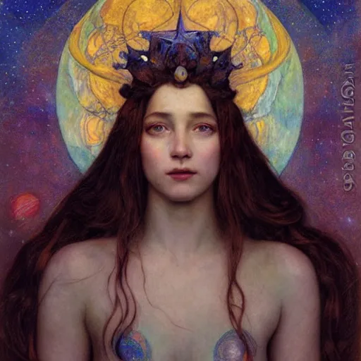 Image similar to queen of the moon with stars in her hair, by annie swynnerton and tino rodriguez and nicholas roerich and jean delville and donato giancola and tom bagshaw, dramatic lighting, floral tattoos, rich colors, smooth sharp focus, extremely detailed, adolf wolfli