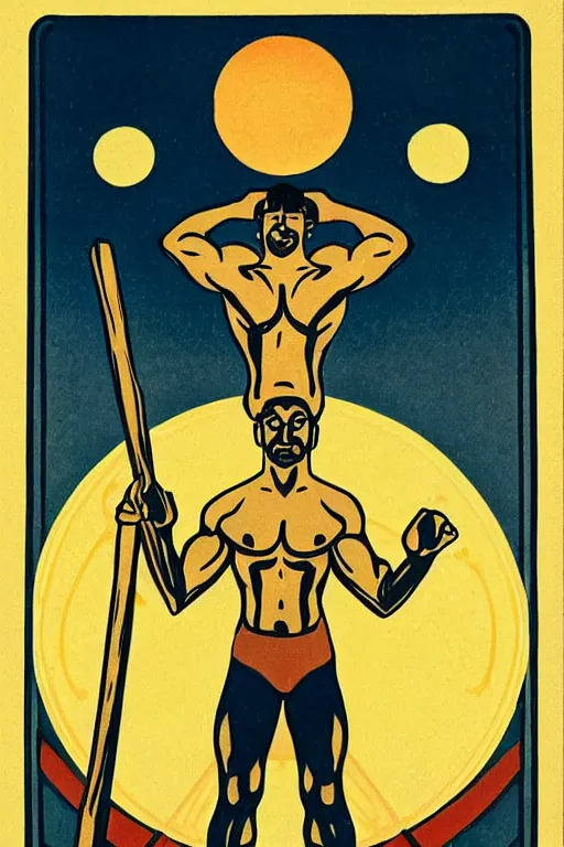 Prompt: a beautiful symmetrical art deco tarot painting of a gorgeous muscular man holding a walking stick standing atop a mountain at sunrise, vintage tourism poster, trending on artstation