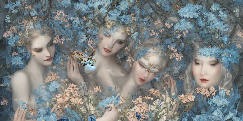 Image similar to breathtaking detailed concept art painting art deco pattern of blonde faces goddesses amalmation light - blue flowers with anxious piercing eyes and blend of flowers and birds, by hsiao - ron cheng and john james audubon, bizarre compositions, exquisite detail, extremely moody lighting, 8 k