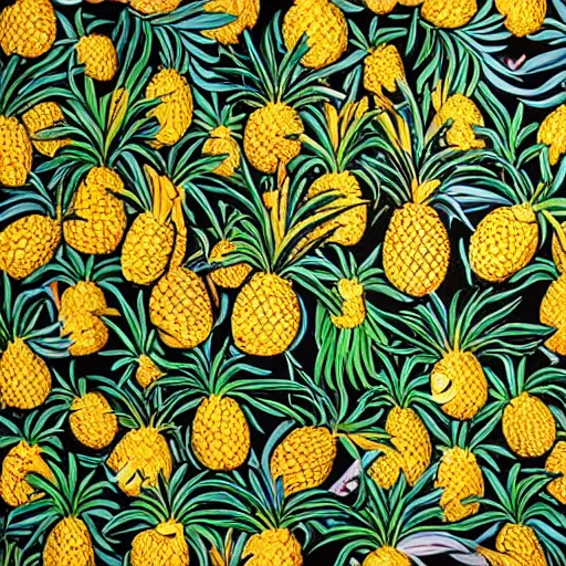 Image similar to pineapples and bananas in the jungle by kehinde wiley