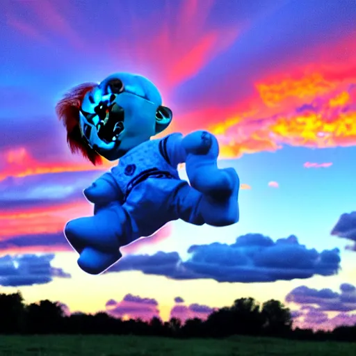 Image similar to sunset clouds in the shape of screaming chucky doll