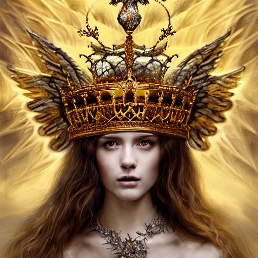 Prompt: elegant king's crown made of wings, delicate, fantasy, intricate, elegant, dramatic lighting, emotionally evoking symbolic metaphor, highly detailed, lifelike, photorealistic, digital painting, artstation, concept art, smooth, sharp focus, illustration, art by John Collier and Albert Aublet and Krenz Cushart and Artem Demura and Alphonse Mucha