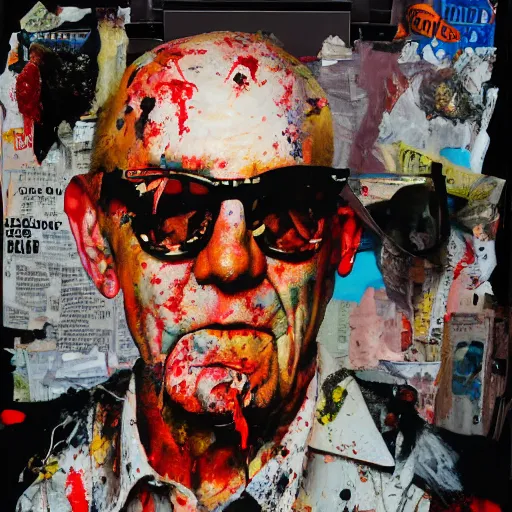 Image similar to hyperrealistic, photorealistic, mixed media oil painting of hunter s thompson, magazine scraps, plaster, blood, oil, mustard, splatter, greg rutkowski, basquiat, ralph steadman, wesley kimler, terry gilliam, andy warhol