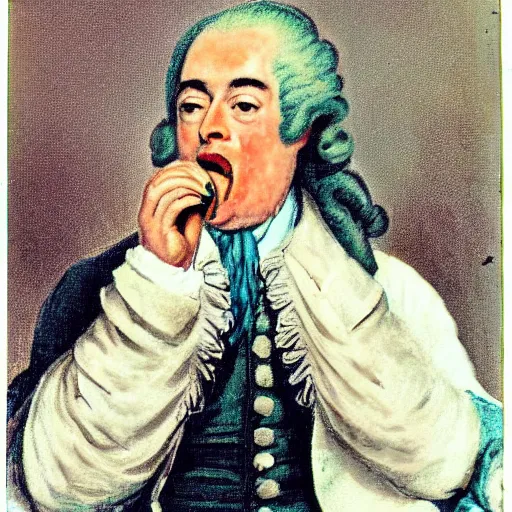 Image similar to colorized photo of G.F. Handel in powdered wig eating cake