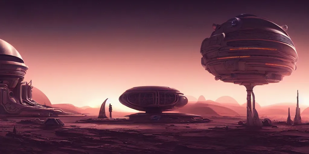 Prompt: futuristic space station in the desert 3 d concept art, cinematic lighting, mad max, intricate details, lonely astronaut, building by zaha hadid, pastel orange sunset, emissary space by arthur haas and bruce pennington and john schoenherr, cinematic matte painting, dark moody monochrome colors, trending on artstation, featured on behance