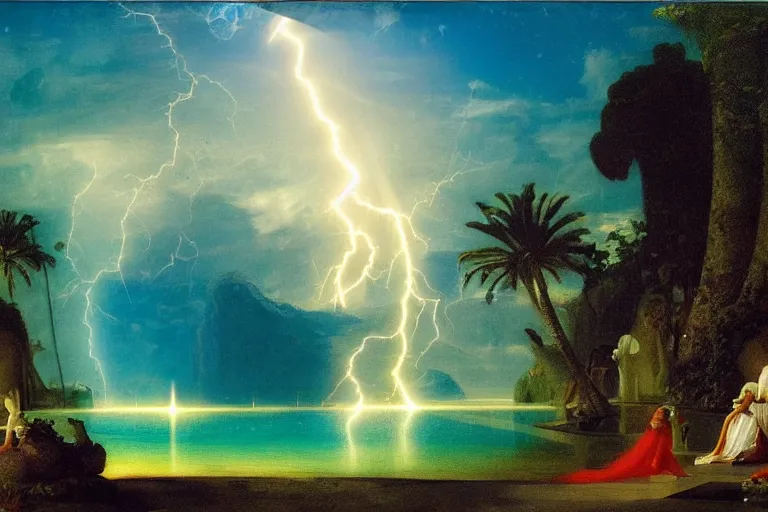 Image similar to Palace of the occult, refracted sparkles, thunderstorm, greek pool, beach and Tropical vegetation on the background major arcana sky and occult symbols, by paul delaroche, hyperrealistic 4k uhd, award-winning, very detailed paradise