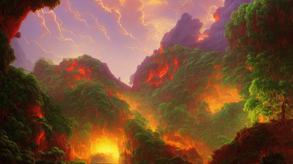 Prompt: very detailed and perfectly readable fine and soft relevant out of lines soft edges painting by beautiful walt disney animation films of the late 1 9 9 0 s and thomas cole in hd, we see a lava world, nice lighting, perfect readability