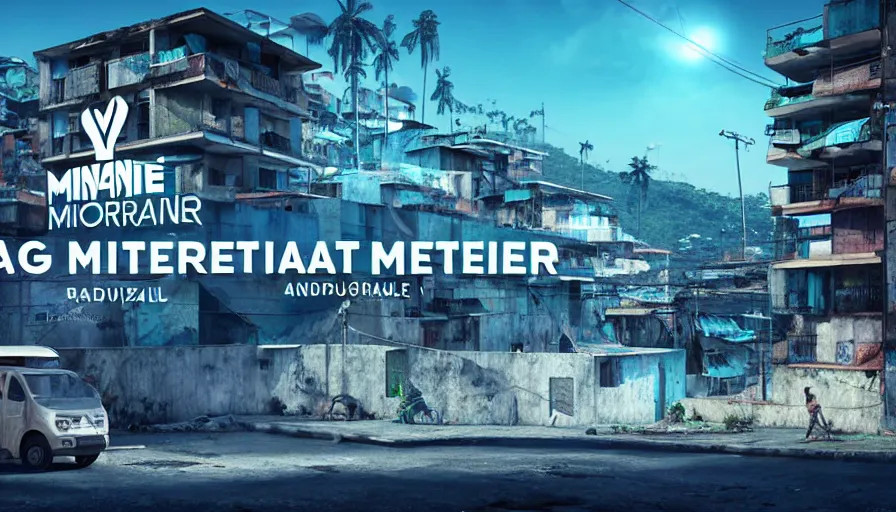 Image similar to Huge Advertising Sign for Mineral Water in a Dystopian Futuristic Favela, Cinematic Lighting, Ultra Quality, Raytracing, Smooth Gradients, Anamorphic Lens, Highly Detailed, Hyperrealistic, Concept Art, Hyperreal