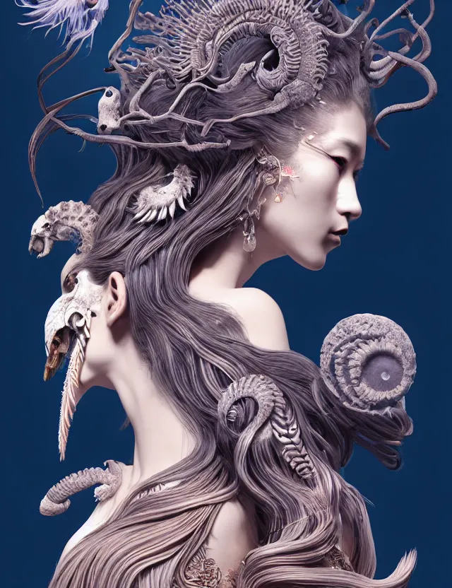 Image similar to 3 d slvic goddess half - turn portrait with long hair with ram skull. beautiful intricately detailed japanese crow kitsune mask and clasical japanese kimono. betta fish, jellyfish phoenix, bio luminescent, plasma, ice, water, wind, creature, artwork by tooth wu and wlop and beeple and greg rutkowski