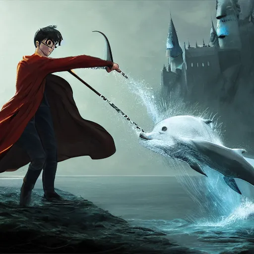 Prompt: Harry potter fighting a dolphin digital art in the style of Greg Rutkowski and Craig Mullins, 4k