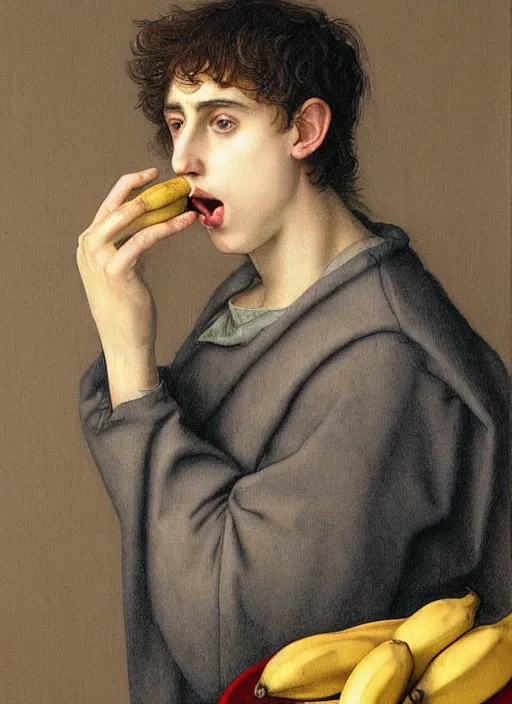 Image similar to (((( a painting of a Timothee Chalamet EATING an BANANA, a character portrait by Dürer, behance, pre-raphaelitism, da vinci,y pre-raphaelite, detailed painting“