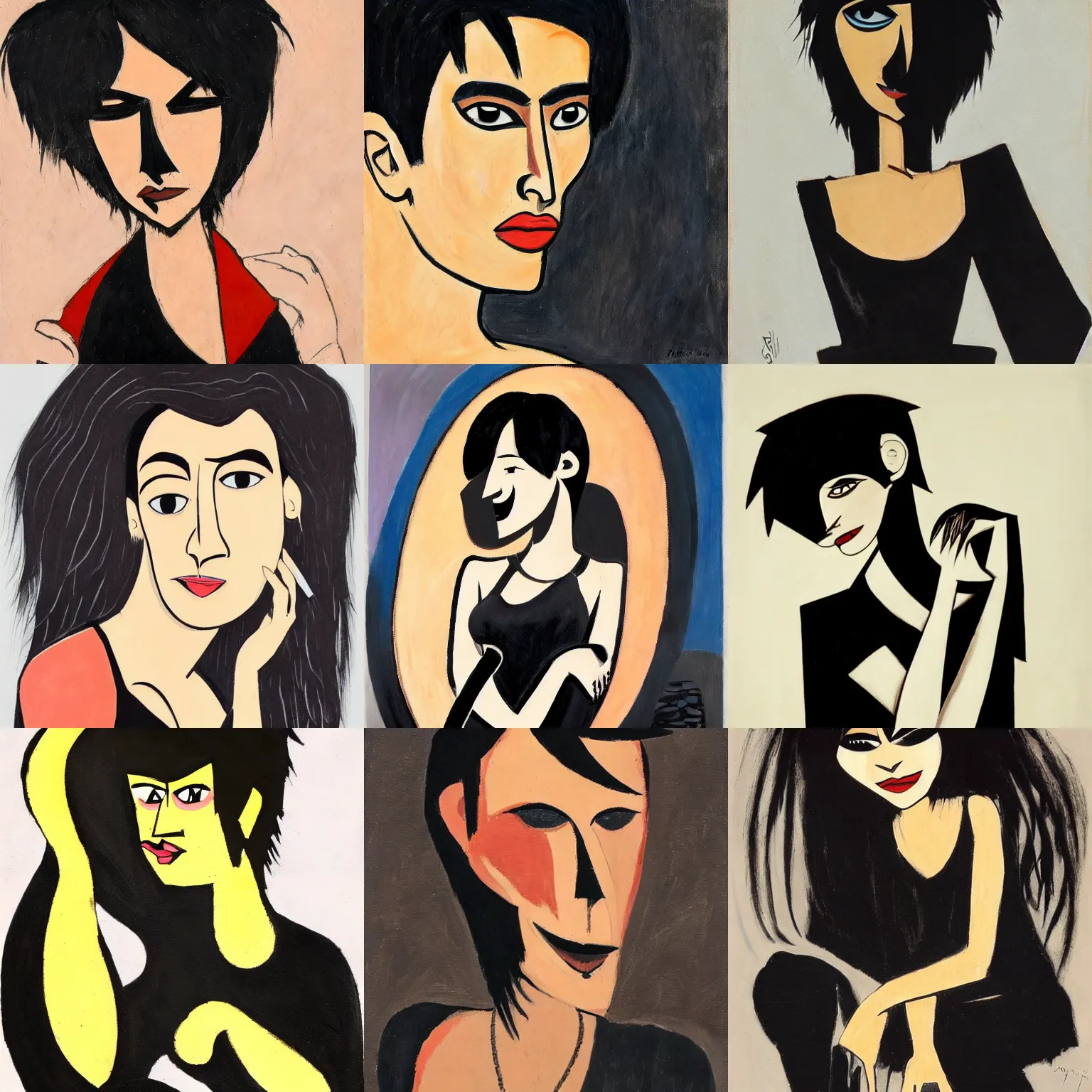 Prompt: an emo by oswaldo guayasamin. her hair is dark brown and cut into a short, messy pixie cut. she has large entirely - black eyes. she is wearing a black tank top, a black leather jacket, a black knee - length skirt, a black choker, and black leather boots.