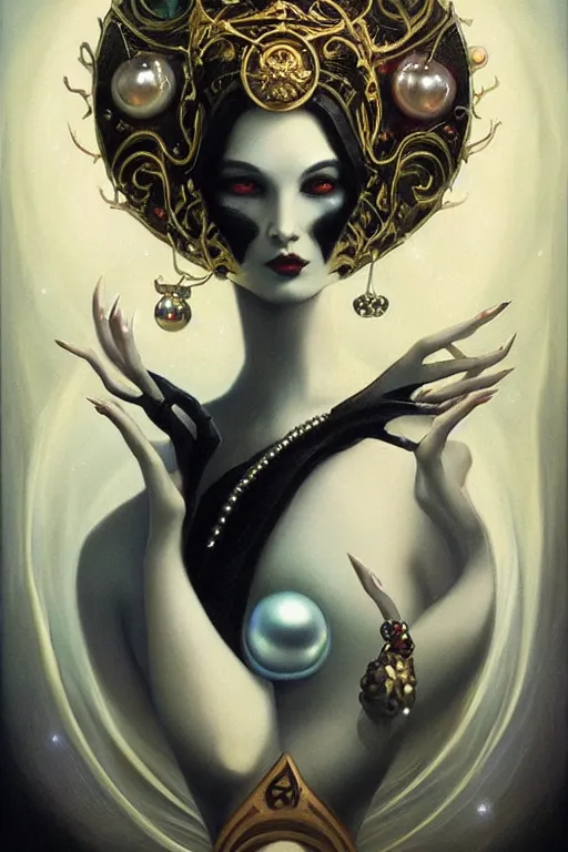 Image similar to black Crown with iridescent pearls, jewels, other worldly, art nouveau, by Anato Finnstark, Tom Bagshaw, Brom