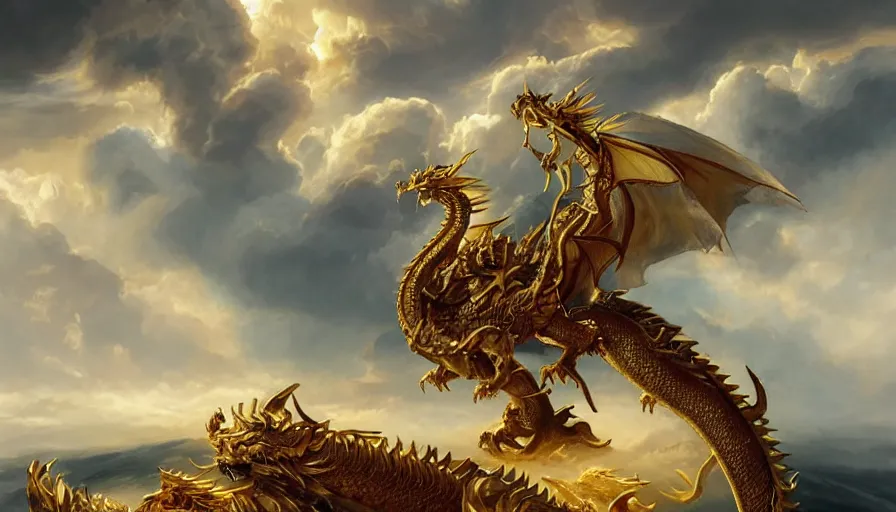 Prompt: epic golden dragon in a nordic landscape under bright daylight with very, very, very beautiful clouds, painted by Hans Fredrik Gude, Greg Rutkowksi, Peter Mohrbacher and Artgerm, concept art 2022, ultra realistic masterpiece, contrasting details vs blank areas, oil on canvas
