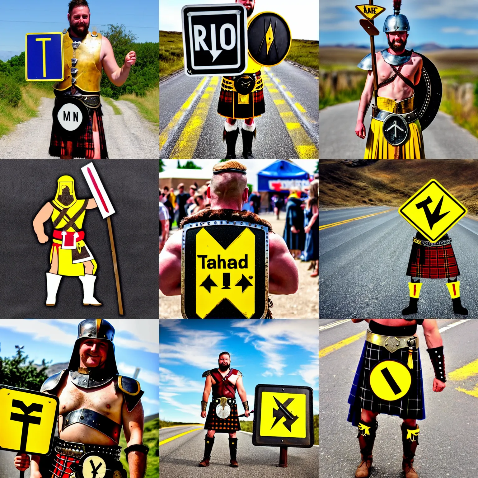 Prompt: gladiator wearing a road sign on his kilt, yellow road sign armor