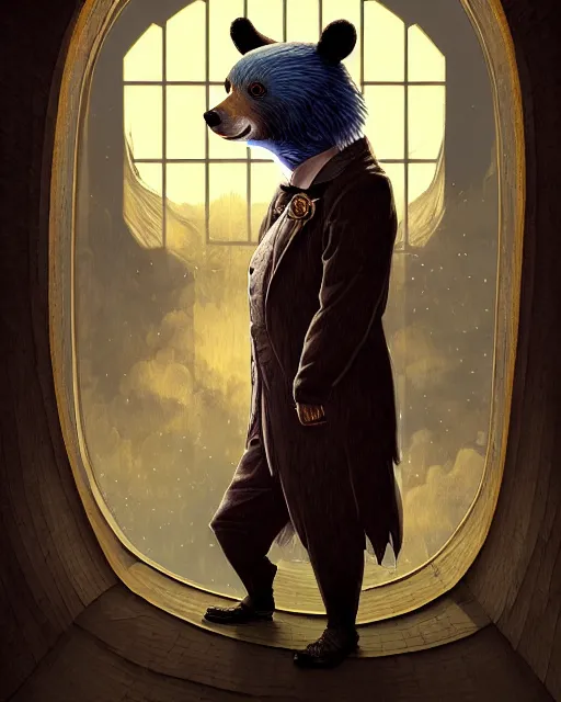 Image similar to anthropomorphic art of a detective bear inside tardis, victorian inspired clothing by artgerm, victo ngai, ryohei hase, artstation. fractal papersand books. highly detailed digital painting, smooth, global illumination, fantasy art by greg rutkowsky, karl spitzweg