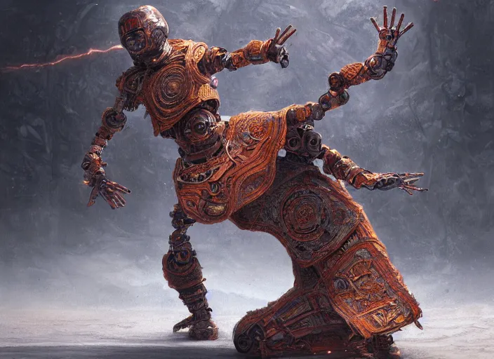 Image similar to detailed full body concept art illustration oil painting of a robotic monk doing tai chi in full intricate detail, ultra detailed, digital art, octane render, dystopian, zero dawn, 4k