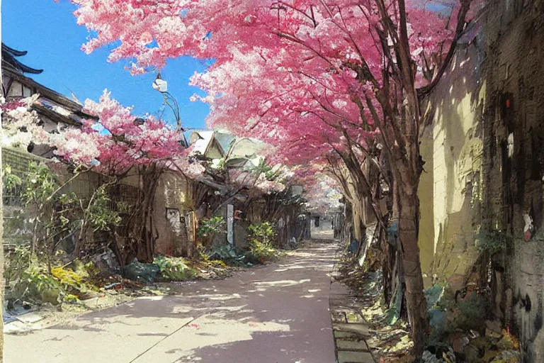 Image similar to beautiful Japanese anime alleyway with sakura trees, art by JOHN BERKEY, rule of thirds