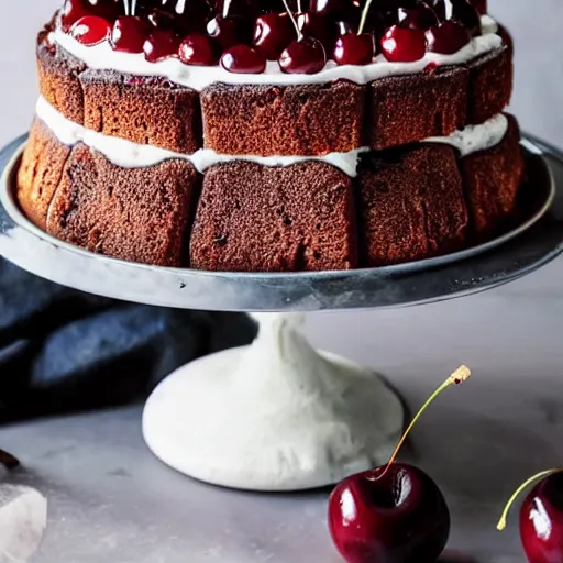 Prompt: A freshly baked black forest truffle cake with cherries and a dallop of icing on top. There is vanilla ice cream next to the cake on the plate