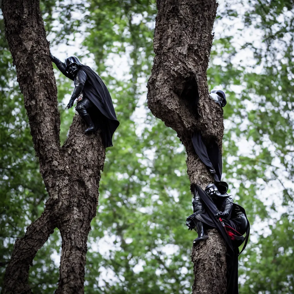 Prompt: high quality photo of darth climbing a tree, photography 4k, f1.8 anamorphic, bokeh, 4k, Canon, Nikon