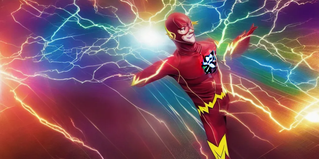 Prompt: the flash combined with waya steurbaut hereo combination rainbow glowing suite high resolution film render 100k, photo realistic, epic, colourful