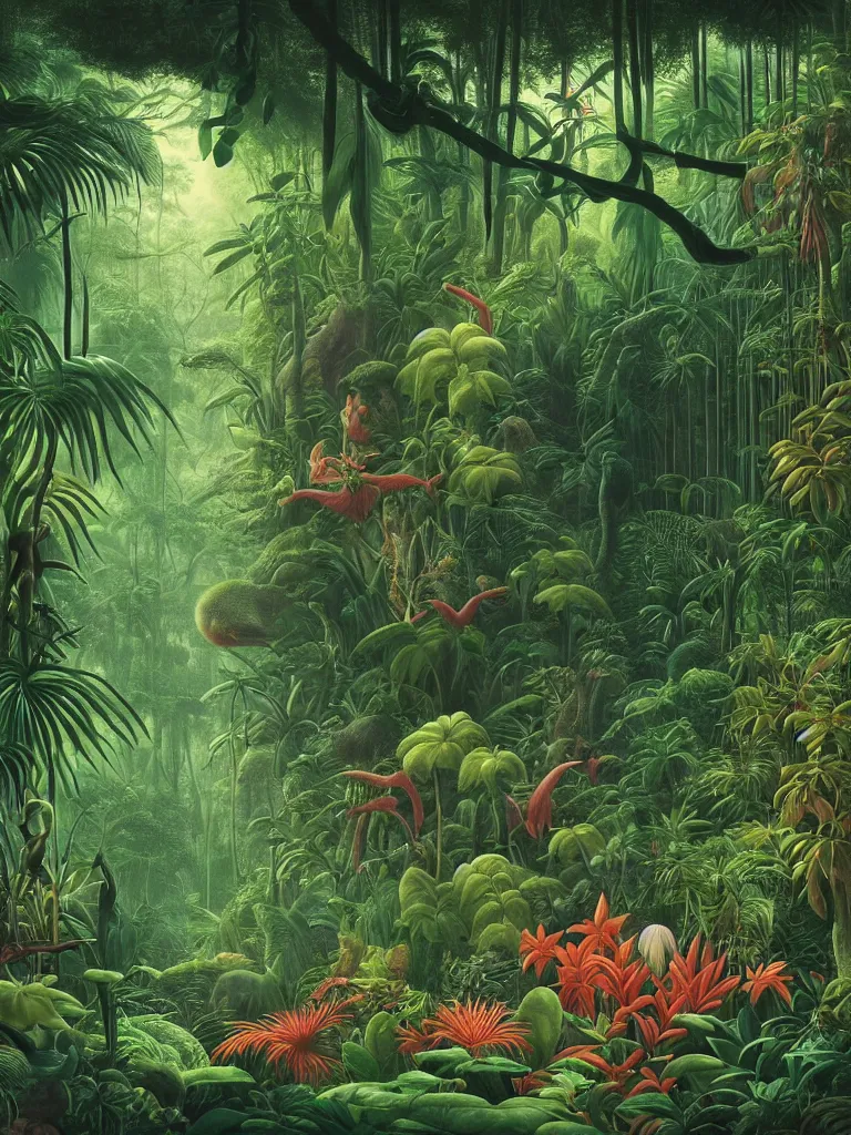 Prompt: a beautiful but foreboding dream inside the lush Malaysian jungle with exotic rainforest flora and fauna where time seems to stand still by Martin Johnson Heade, Hiroshi Sugimoto, Henri Rousseau, Ernst Haeckel, foggy memories of invisible primordial spirits, medium close up shot, wide angle lens, photorealism, anaglyph filter, cinematic mood lighting, National Geographic photography, trending on Art Station.