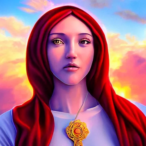 Prompt: a realistic digital photo of virgin mary as sunset cloud by artgerm