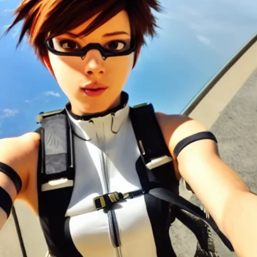 Image similar to tracer from overwatch smartphone selfie