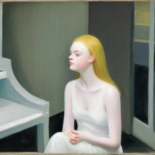 Prompt: Painting of Elle Fanning at the kiln of the first flame, long blonde hair, delicate, pale milky white porcelain skin, by Edward Hopper. 8K. Extremely detailed.