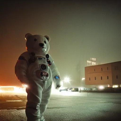 Image similar to lomo photo of teddy bear in spacesuit staying in front of abandoned hospital, dark, moody, foggy, gloomy.