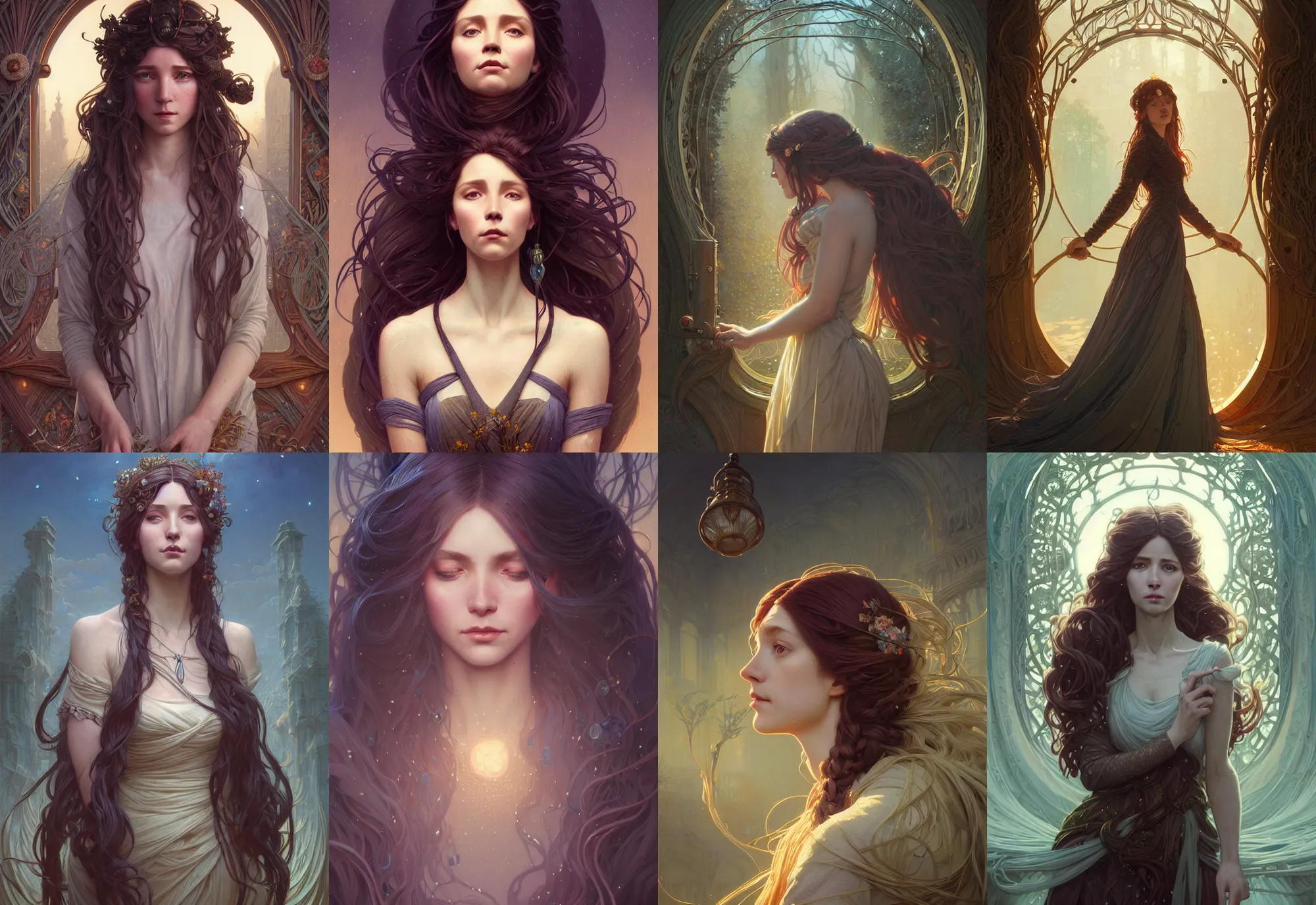 Image similar to highly detailed portrait of a woman with long hairs, stephen bliss, unreal engine, fantasy art by greg rutkowski, art nouveau, loish, rhads, ferdinand knab, makoto shinkai and lois van baarle, ilya kuvshinov, rossdraws, tom bagshaw, alphonse mucha, global illumination, radiant light, detailed and intricate environment