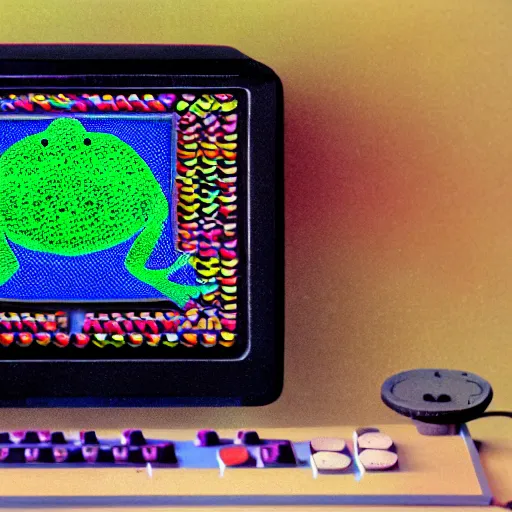 Prompt: a multicolored toad looking at a 1980s computer