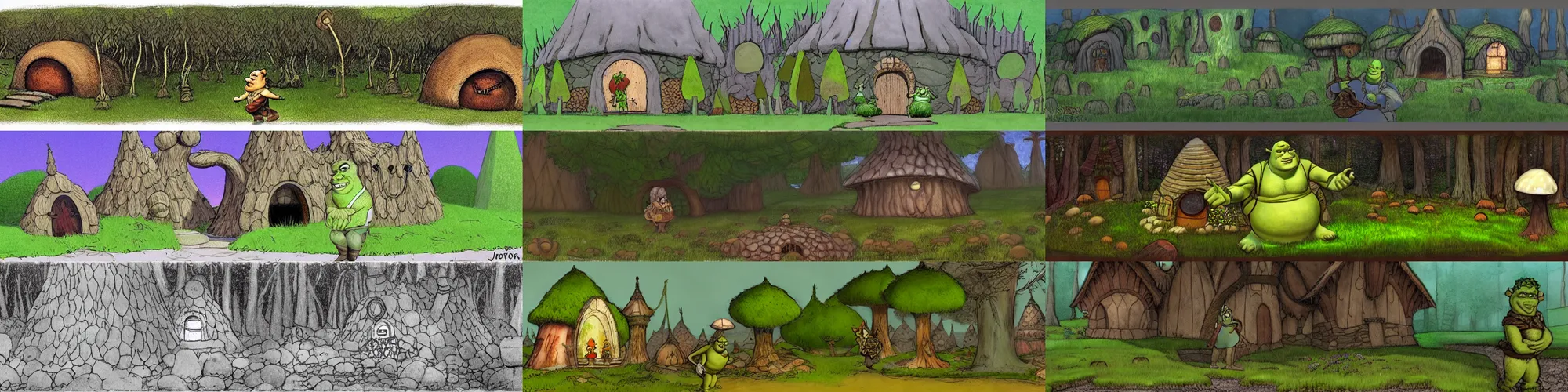 Prompt: wide shot, concept art, shrek outside his mushroom house, in the style of John Bauer and wimmelbilder