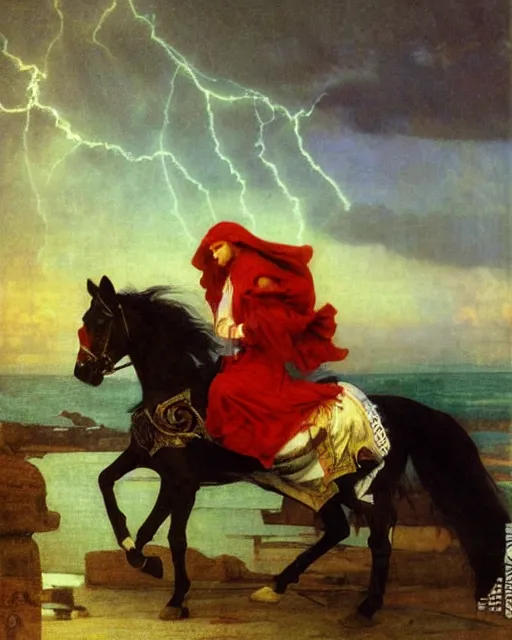 Image similar to Magician riding a horse leaving the castle through the bridge, thunderstorm, beach ocean on the background major arcana sky, by paul delaroche, alphonse mucha, arnold böcklin,hyperrealistic 8k, very detailed, portrait