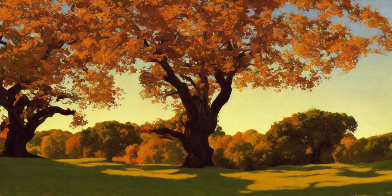 Image similar to a beautiful, stunning landscape with a giant oak tree in the fall during sunset by edward hopper and craig mullins and